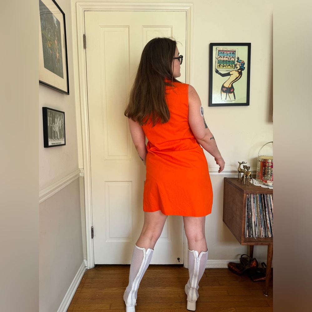 70s Vintage Bright Orange Front Zip House Dress - Picture 3 of 9